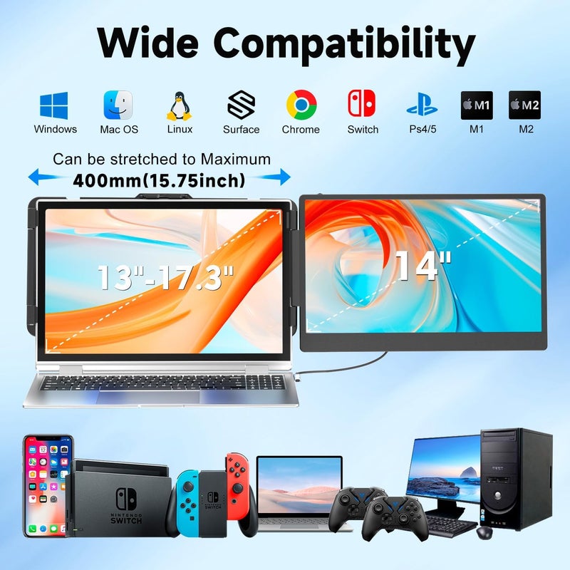 KEFEYA Laptop Screen Extender, 14" Portable Monitor for Laptops 13-17", 1080P FHD IPS Monitor Extender for Laptop with USB-C/HDMI Port, Plug n Play for Windows/Chrome/Mac/Switch/PS5 - Image 5
